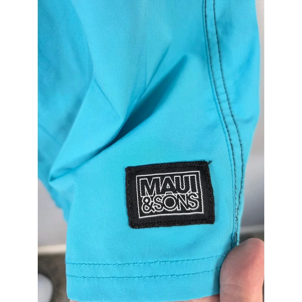 Maui and Sons Mens Board Shorts Black Turquoise Color Block Swim Trunks Size 38